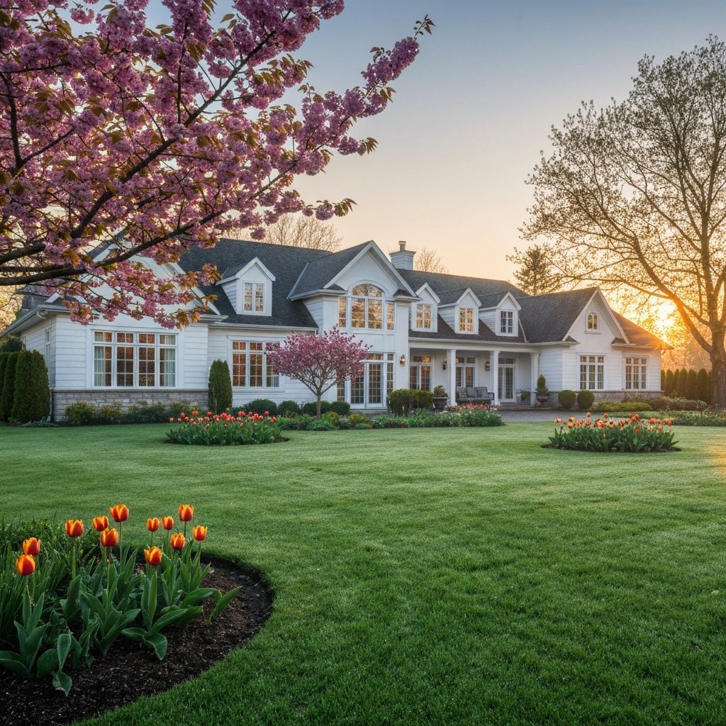 Luxury estate in spring with blooming gardens